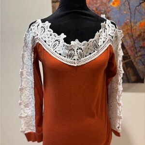 Orange Top with White Lace Detail